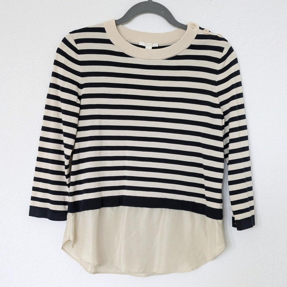 COS Striped Mixed Media Sweater Women's XS Black Ivory Silk Trim Button Shoulder